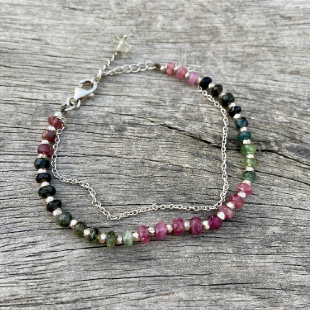 Tourmaline silver bracelet, beaded bracelet, silver chain bracelet
